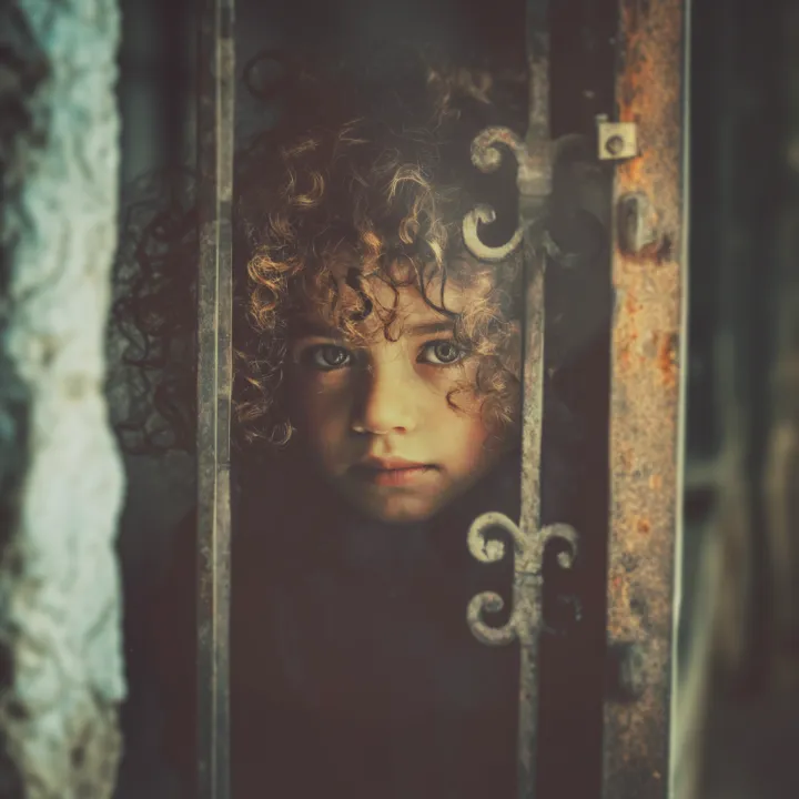 Beautiful curly haired child leaving the gate Brea