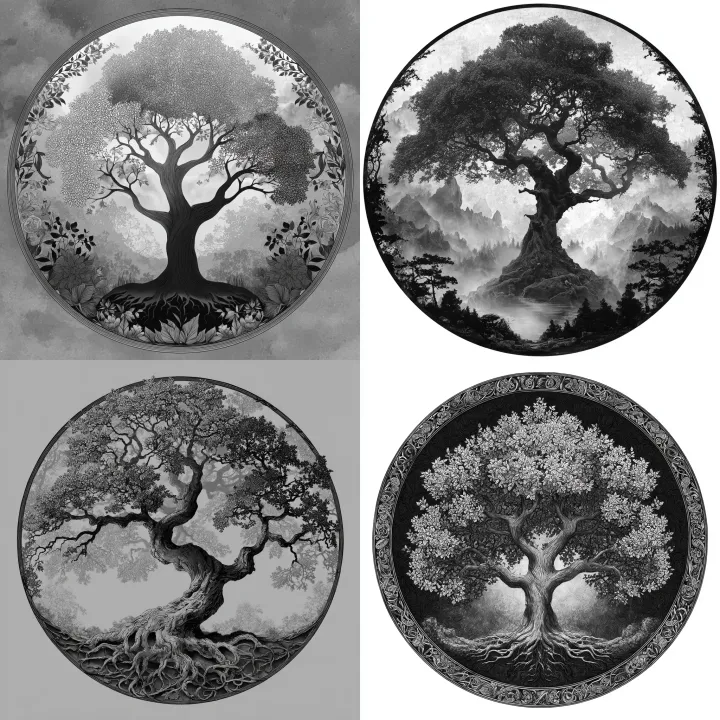 tree of life in circle black and grey