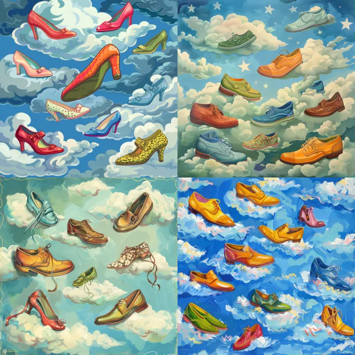 Many different shoes are up in the clouds, whimsic