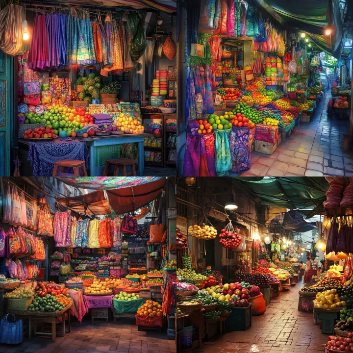 Vibrant Saigon market scene, colorful fruits and f
