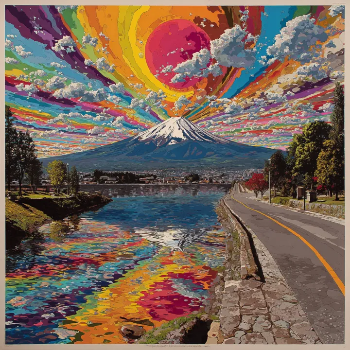 mt. Fuji, surreal realistic perspective, Peter max