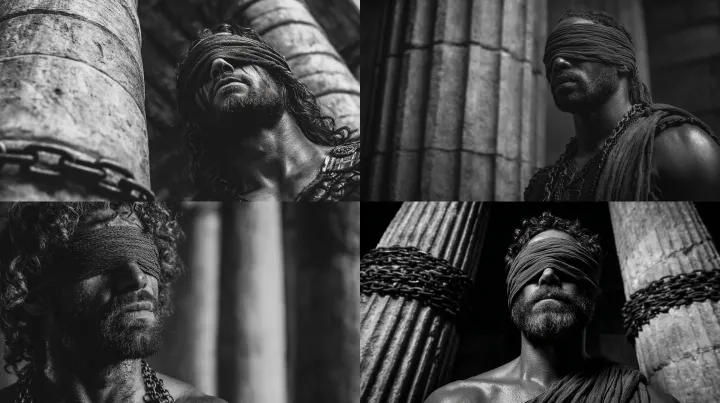 wide cinematic shot of samson in the bible pushing