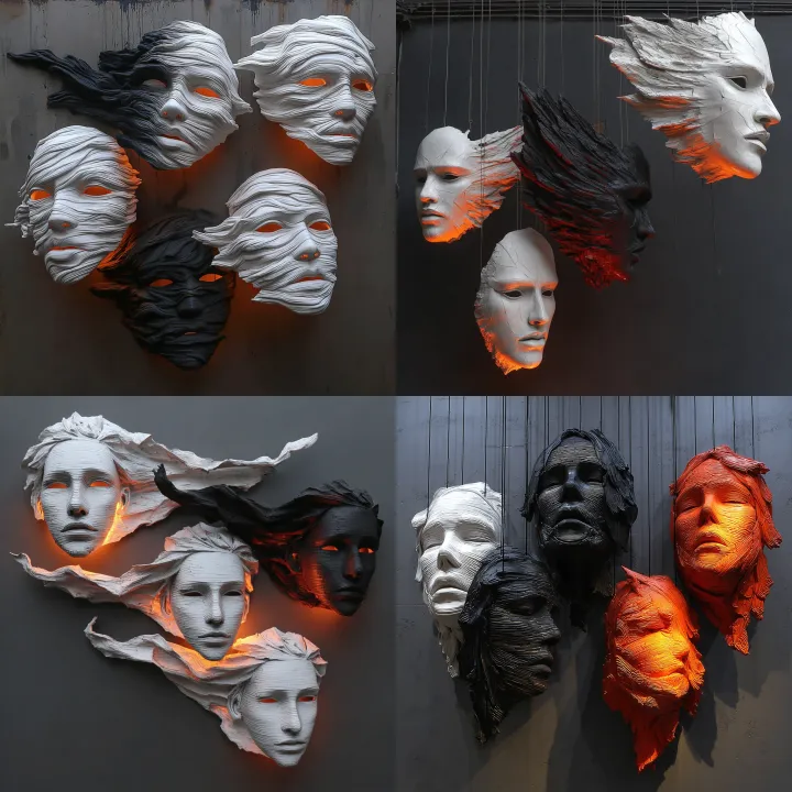 four 3d masks flying in the air, monotone backgrou