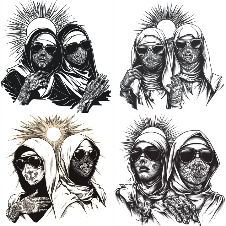 a black and white tattoo design of two nuns , one 