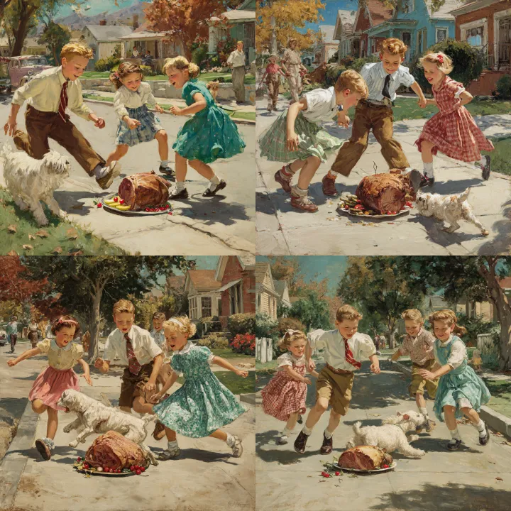 In the style of Norman Rockwell, 3 kids and a dog 