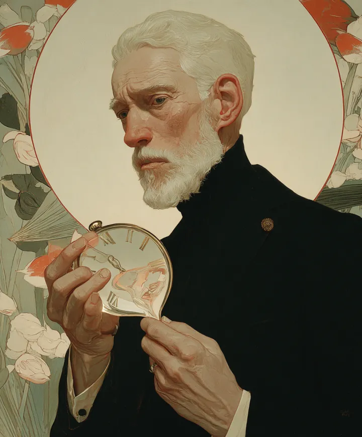 An old man holding a surreal melting clock --ar 5: