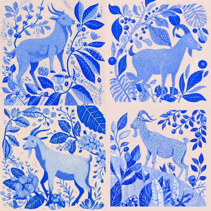 energetic goat, coffee plants with small coffee ch