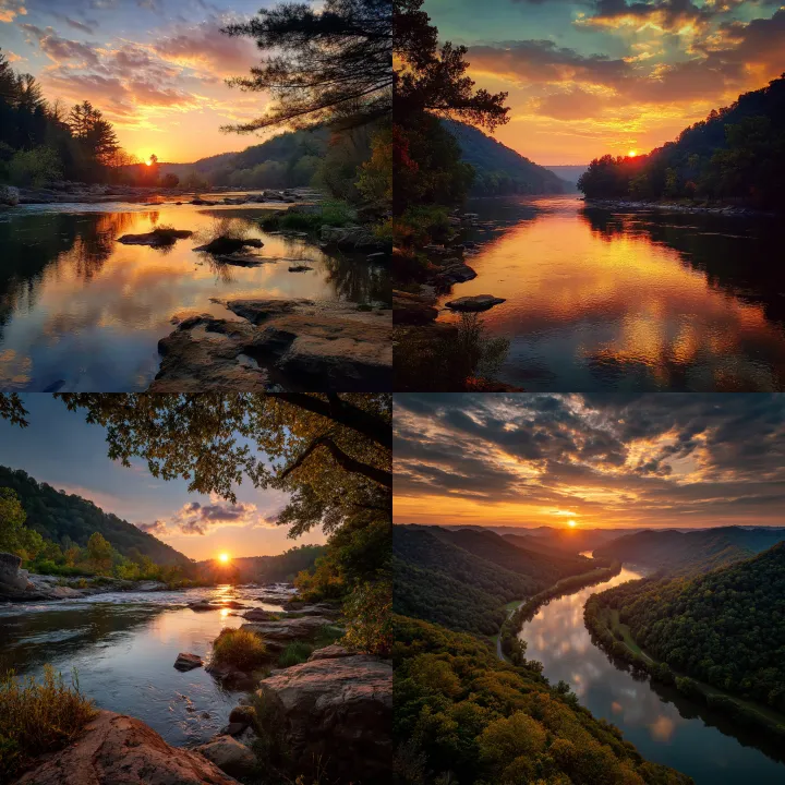 sun setting over a river in west virginia