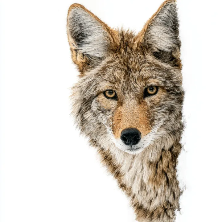 coyote portrait, painting style, peek a boo, white