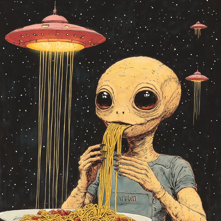 an alien eating pasta on a ufo --sref 2412123235 -