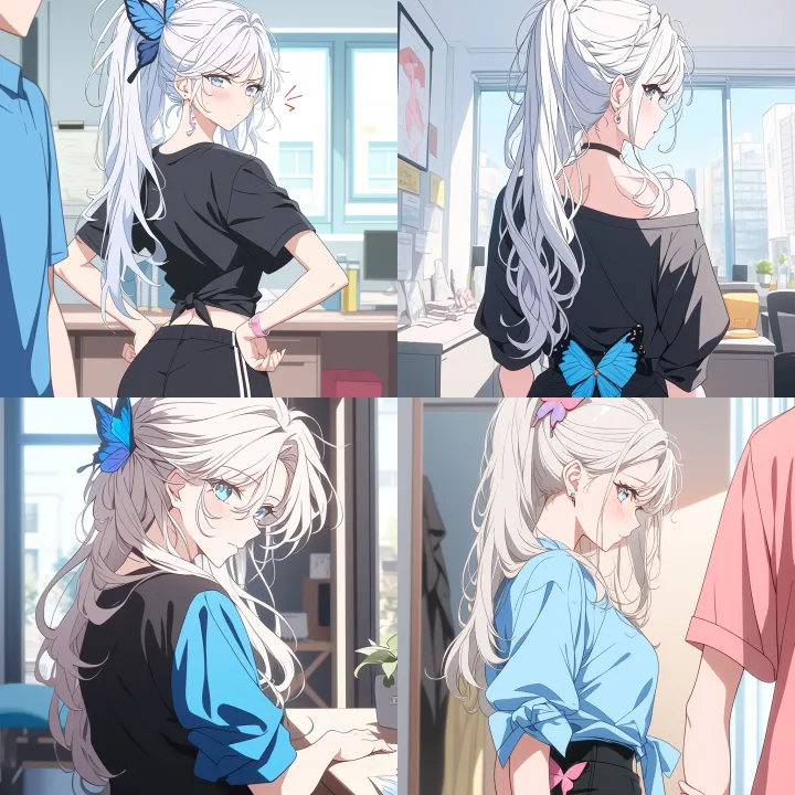 A woman with long white hair with a butterfly shap