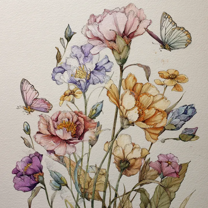 botanical flowers, butterflies, watercolor --v 7.0