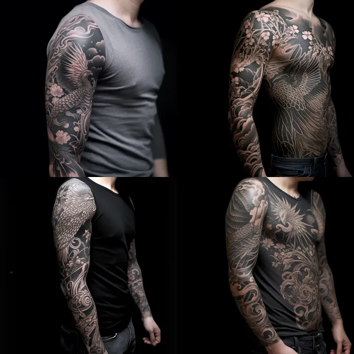 a full -sleeve tattoo in black and grey . It is in