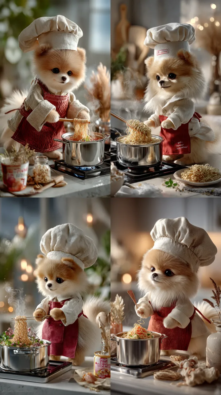 A realistic Pomeranian with fluffy white fur cooks