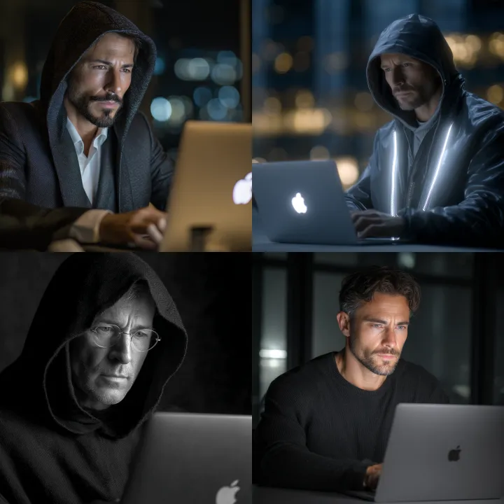 anonymous man using apple laptop 4k,hyper realisti