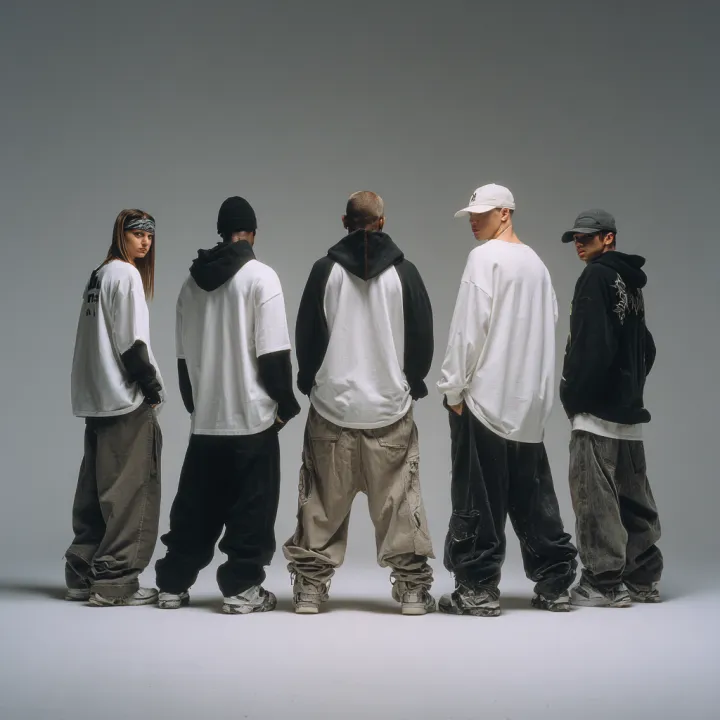 A realistic full-body group photo of men and women