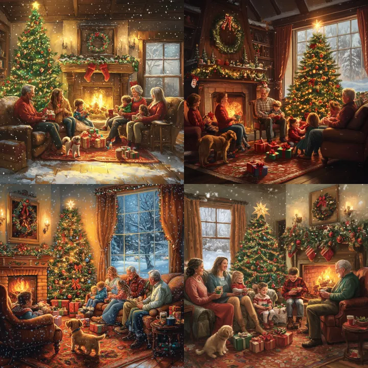 A cozy , realistic holiday scene : a warmly lit li