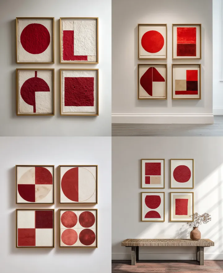 a set of four framed red and cream abstract geomet