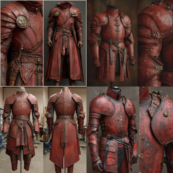 red leather uniform, fantasy setting, d&d style --