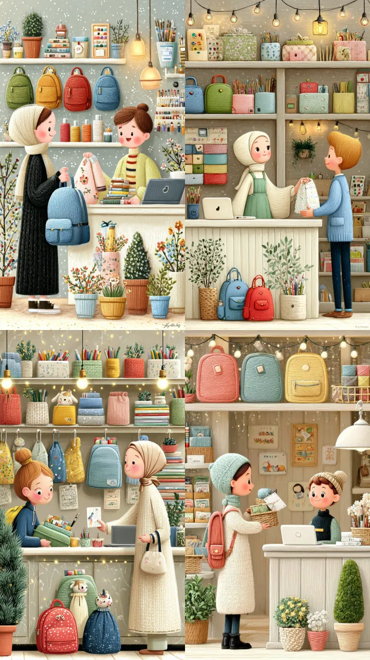 A modern stationery shop interior, shelves full of