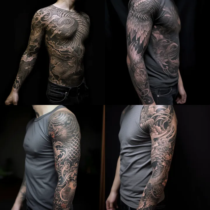 a full -sleeve tattoo in black and grey . It is in