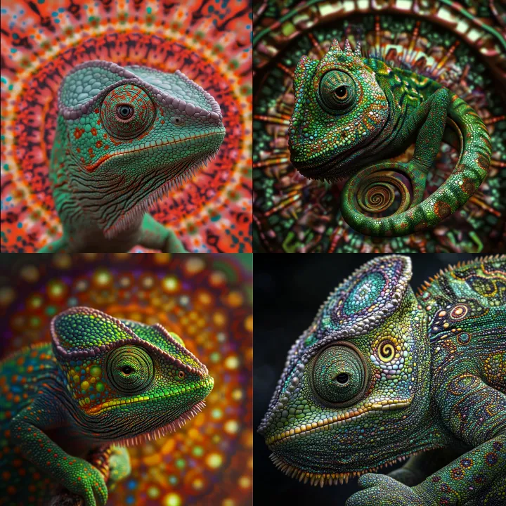 live art style , a green chameleon blending into a