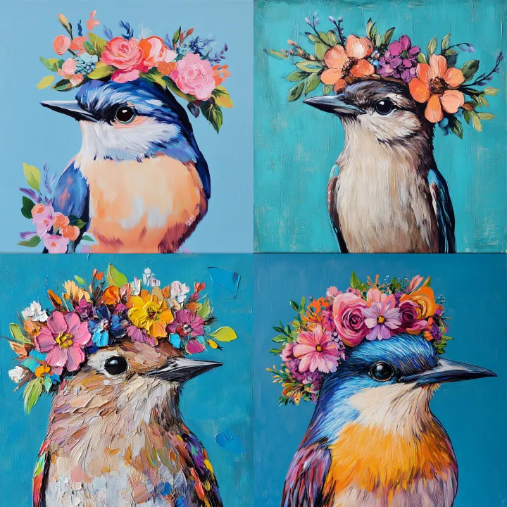 bird with large flower crown blue background paint